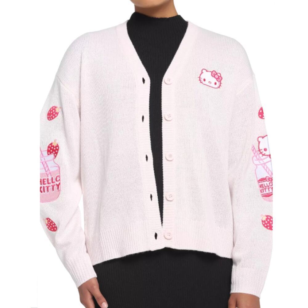 Hello Kitty Sweater Womens Size Small Pink Strawberry Milk Skimmer Cardigan - Picture 3 of 16